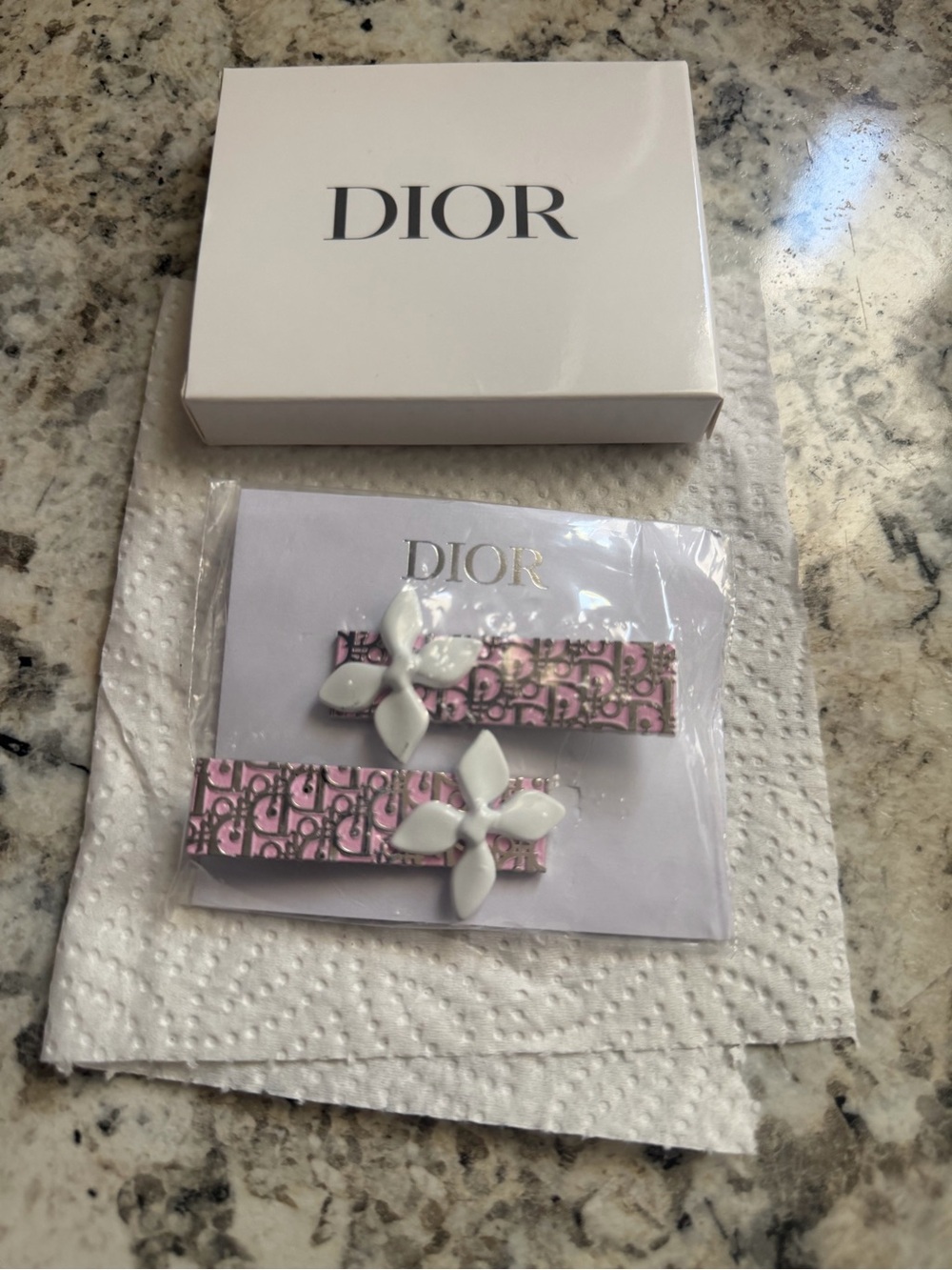 Dior Pink Logo Floral Resin Barrette Pair